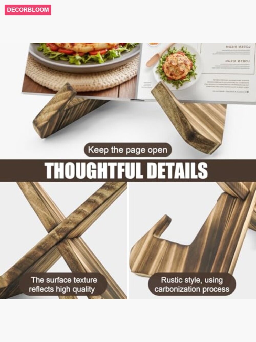 Premium Wood Cookbook Stand - Retro Recipe Holder for Kitchen Counter - Picture 5 of 7
